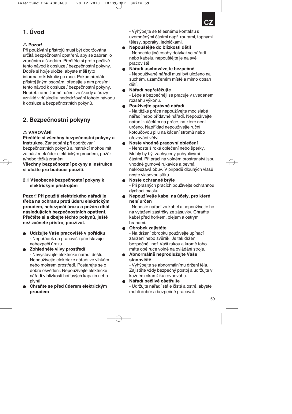 Úvod, Bezpečnostní pokyny | Parkside PKS 1700 A1 User Manual | Page 59 / 124