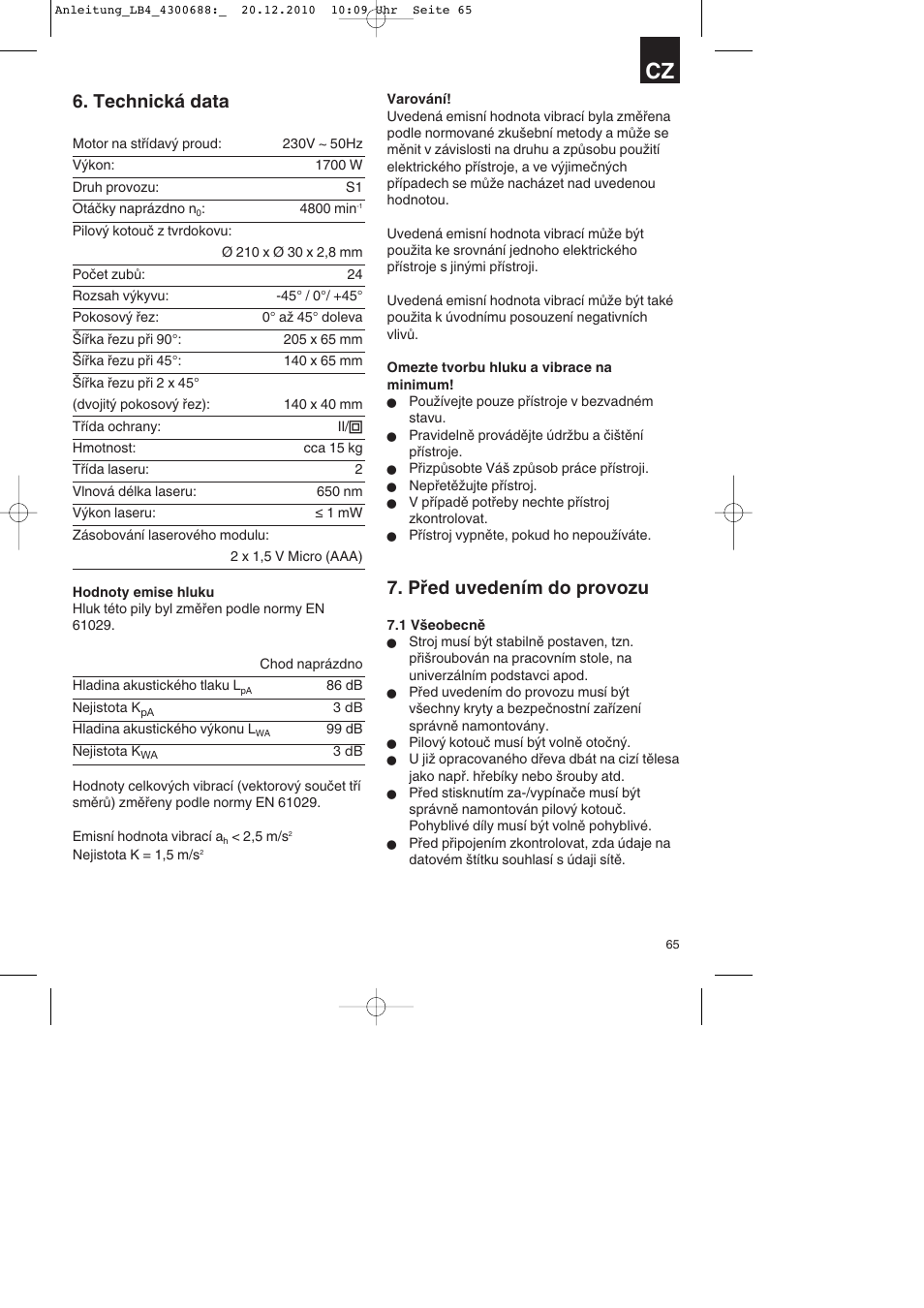 Technická data, Před uvedením do provozu | Parkside PKS 1700 A1 User Manual | Page 65 / 124