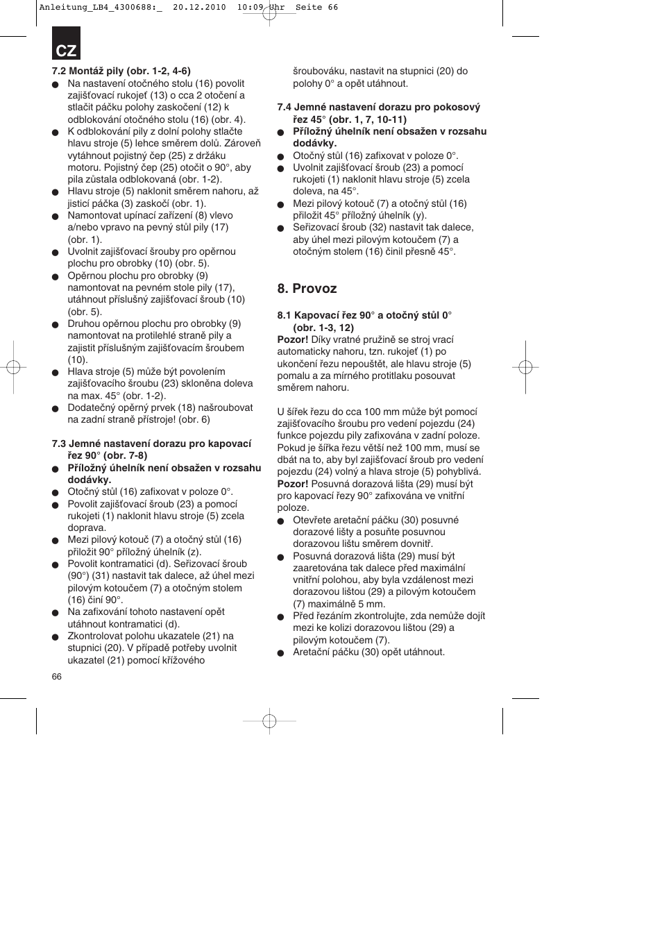 Provoz | Parkside PKS 1700 A1 User Manual | Page 66 / 124