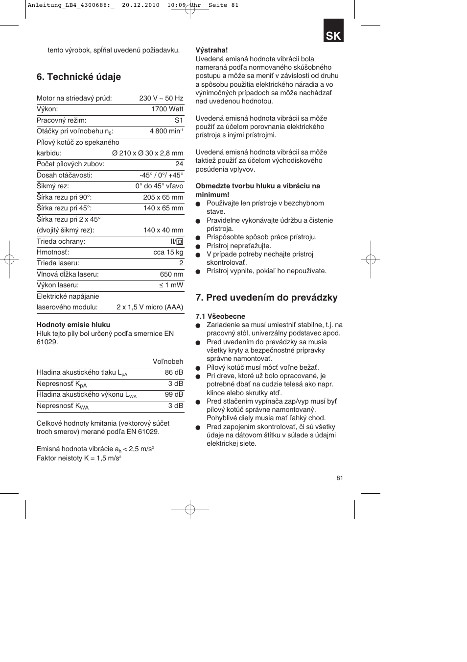 Technické údaje, Pred uvedením do prevádzky | Parkside PKS 1700 A1 User Manual | Page 81 / 124