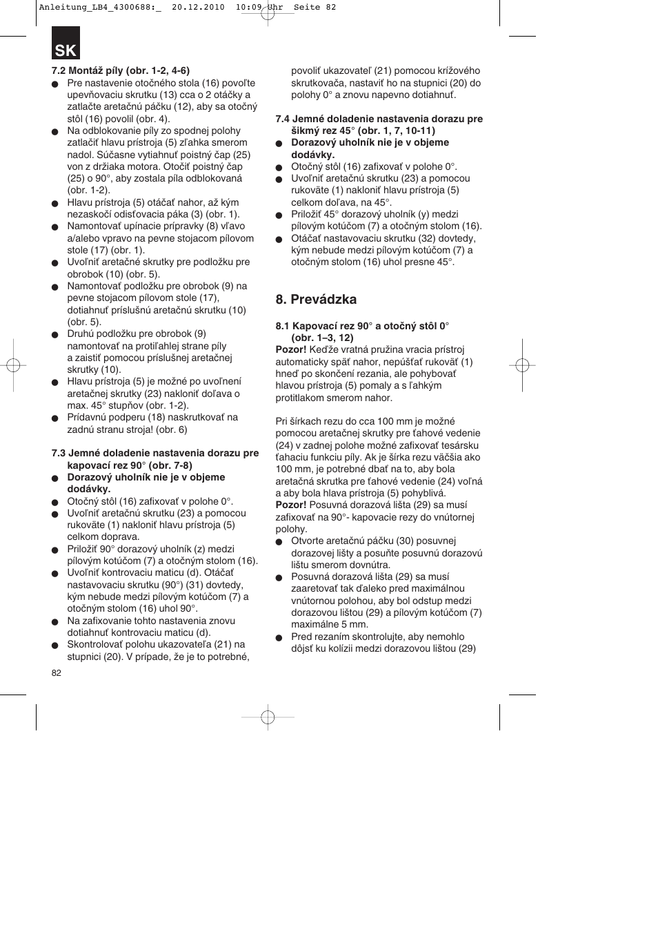 Prevádzka | Parkside PKS 1700 A1 User Manual | Page 82 / 124