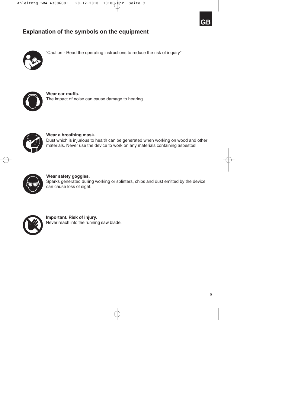 Explanation of the symbols on the equipment | Parkside PKS 1700 A1 User Manual | Page 9 / 124