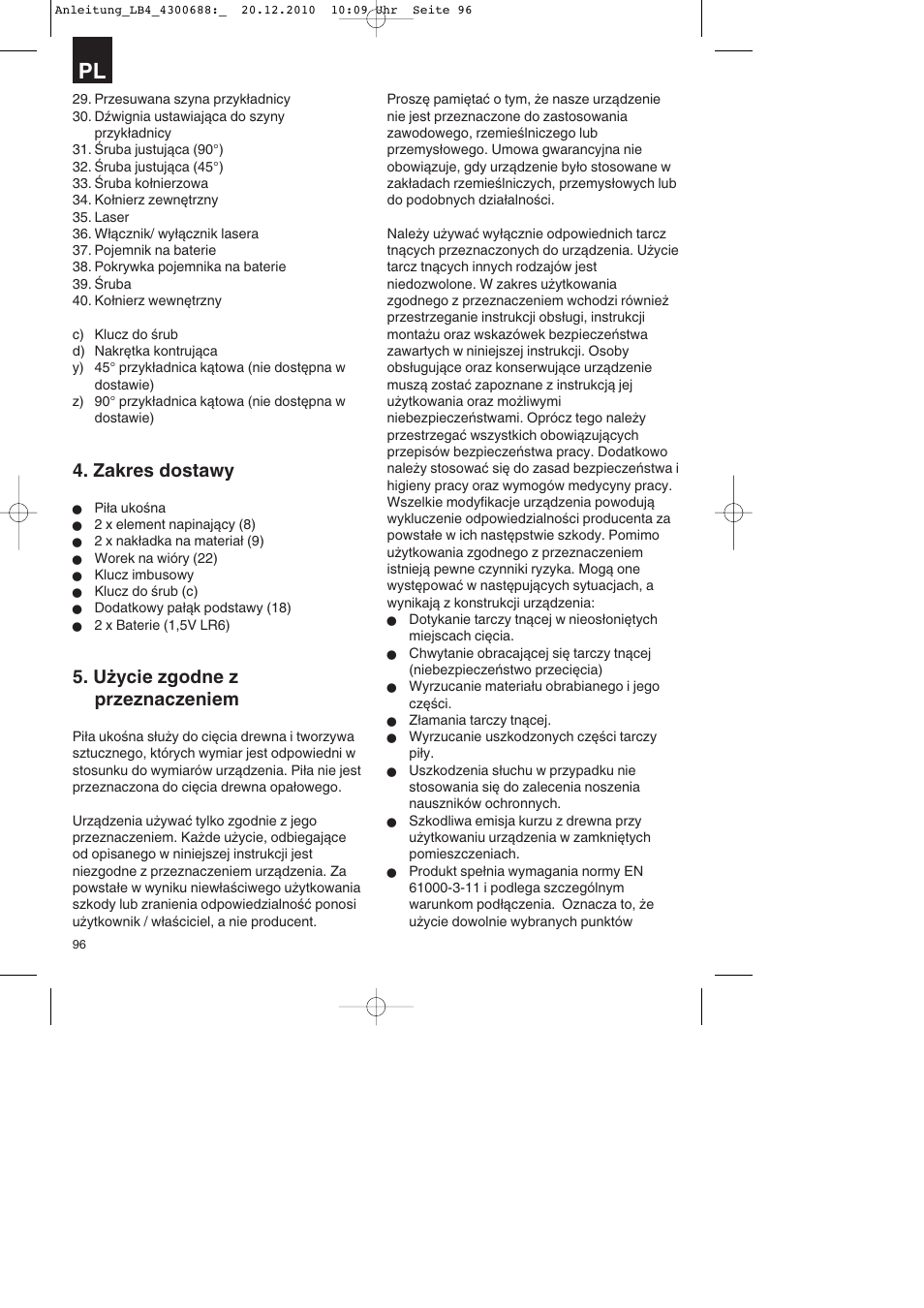 Zakres dostawy, Użycie zgodne z przeznaczeniem | Parkside PKS 1700 A1 User Manual | Page 96 / 124