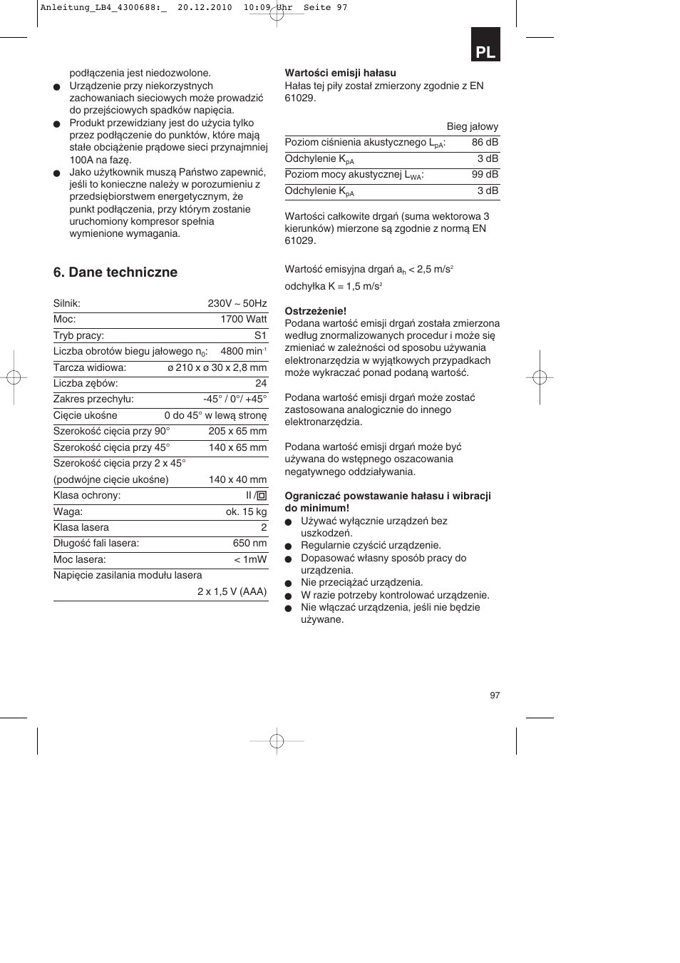 Dane techniczne | Parkside PKS 1700 A1 User Manual | Page 97 / 124
