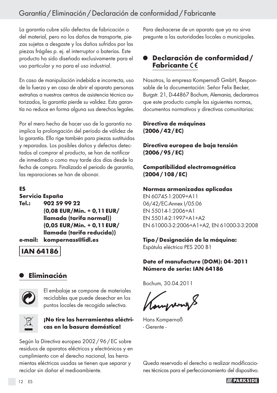 Eliminación, Declaración de conformidad / fabricante | Parkside PES 200 B1 User Manual | Page 12 / 45