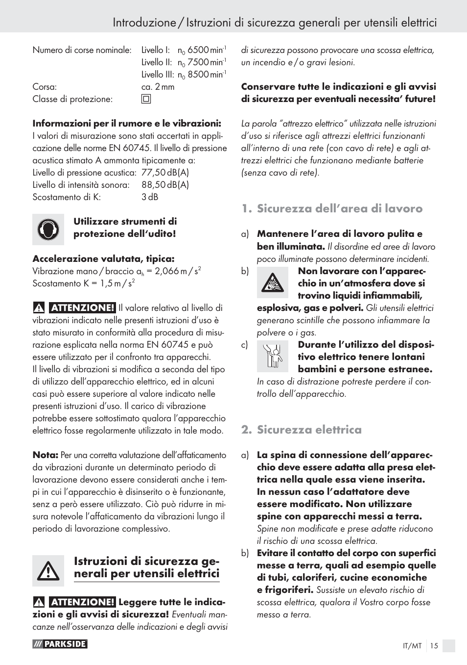 Sicurezza dell’area di lavoro, Sicurezza elettrica | Parkside PES 200 B1 User Manual | Page 15 / 45