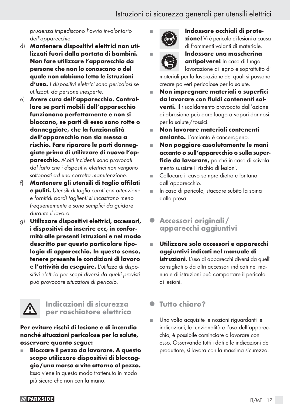 Indicazioni di sicurezza per raschiatore elettrico, Accessori originali / apparecchi aggiuntivi, Tutto chiaro | Parkside PES 200 B1 User Manual | Page 17 / 45