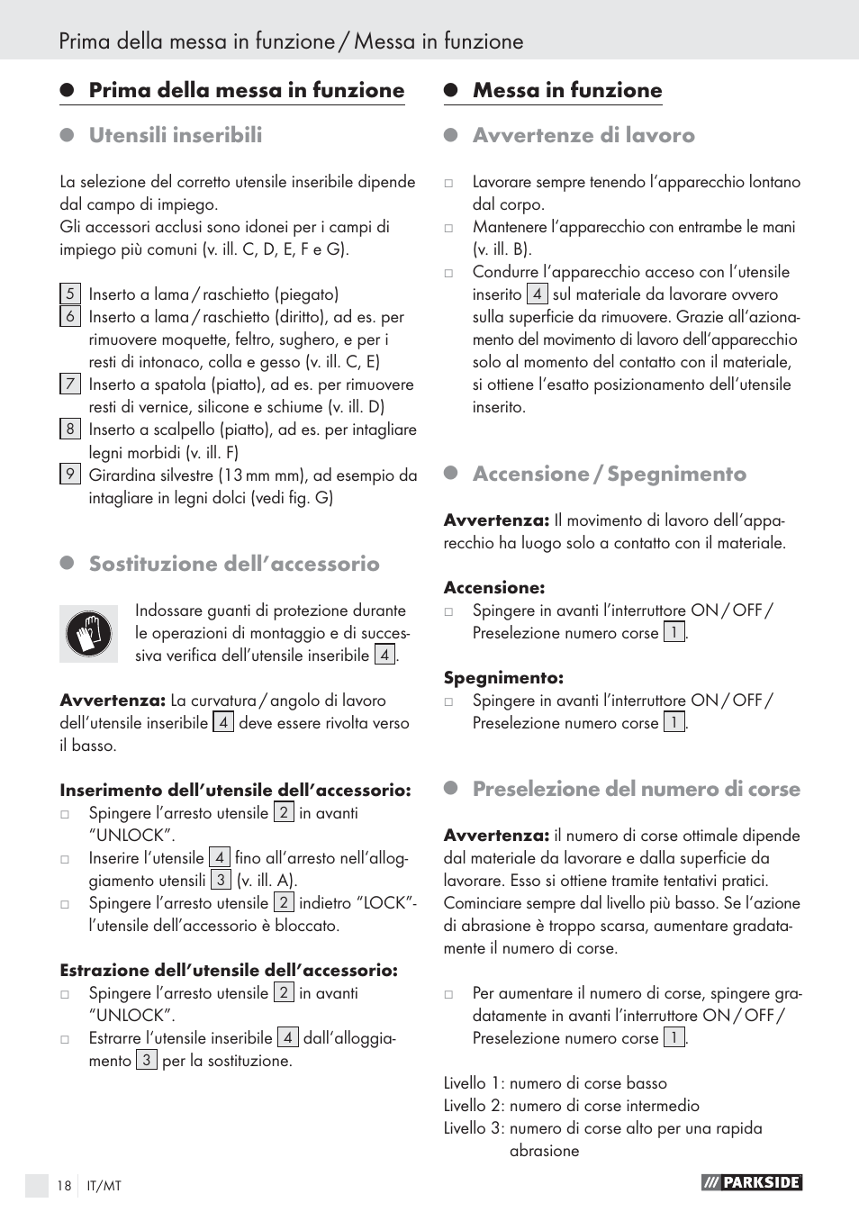 Prima della messa in funzione / messa in funzione, Prima della messa in funzione, Utensili inseribili | Sostituzione dell’accessorio, Messa in funzione, Avvertenze di lavoro, Accensione / spegnimento, Preselezione del numero di corse | Parkside PES 200 B1 User Manual | Page 18 / 45