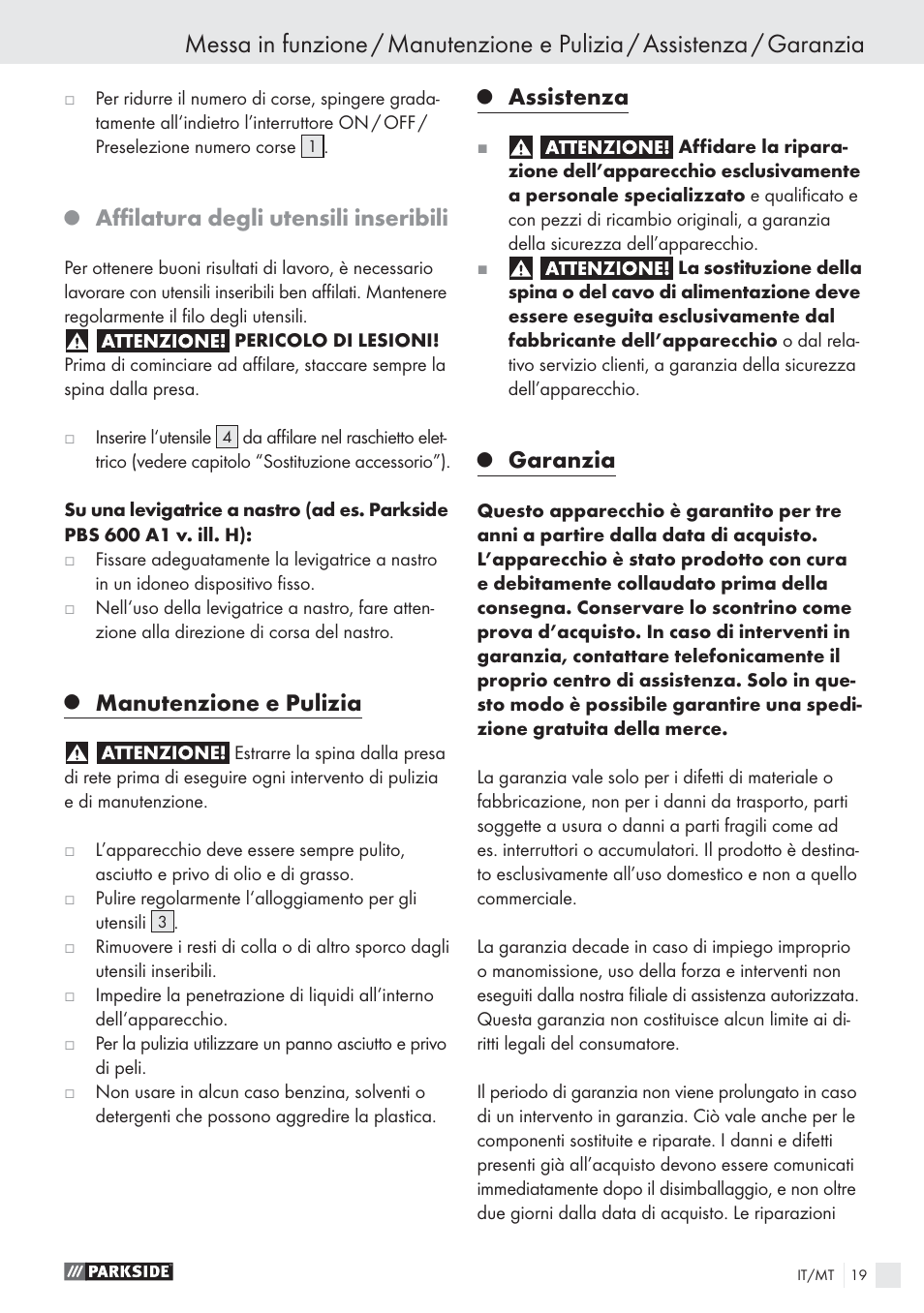 Aﬃlatura degli utensili inseribili, Manutenzione e pulizia, Assistenza | Garanzia | Parkside PES 200 B1 User Manual | Page 19 / 45