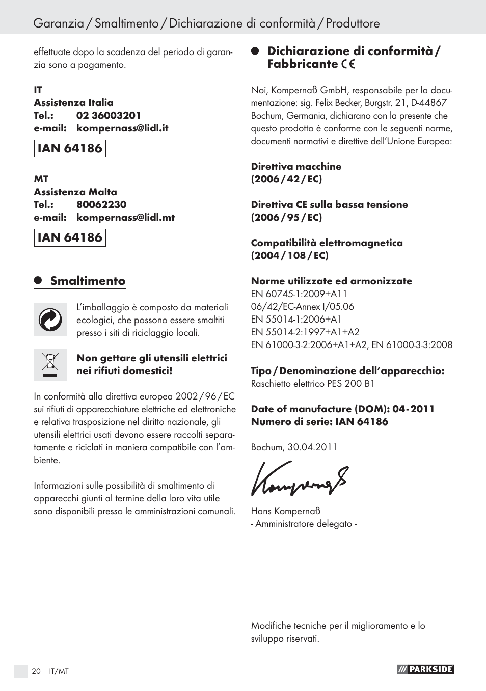 Smaltimento, Dichiarazione di conformità / fabbricante | Parkside PES 200 B1 User Manual | Page 20 / 45