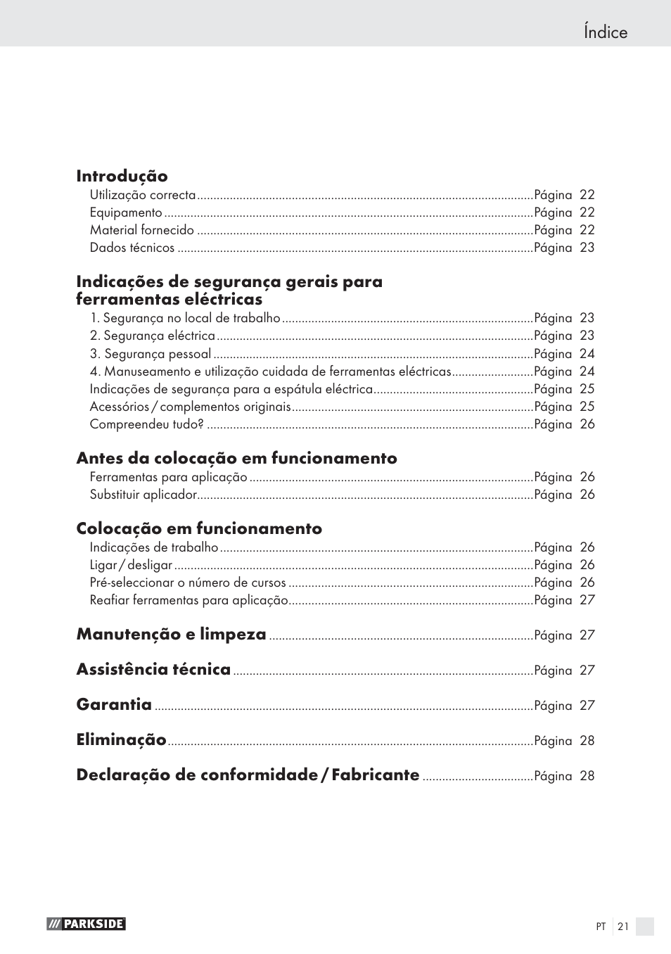 Índice | Parkside PES 200 B1 User Manual | Page 21 / 45