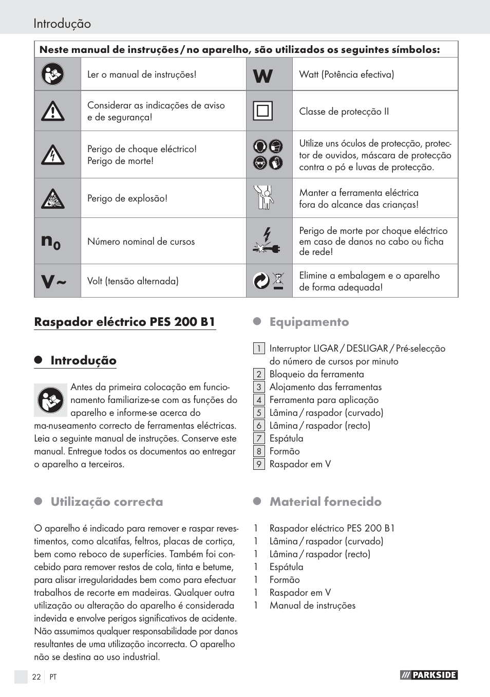 Introdução | Parkside PES 200 B1 User Manual | Page 22 / 45