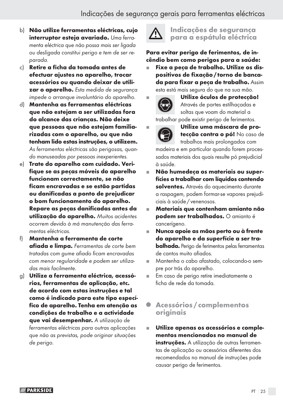 Indicações de segurança para a espátula eléctrica, Acessórios / complementos originais | Parkside PES 200 B1 User Manual | Page 25 / 45