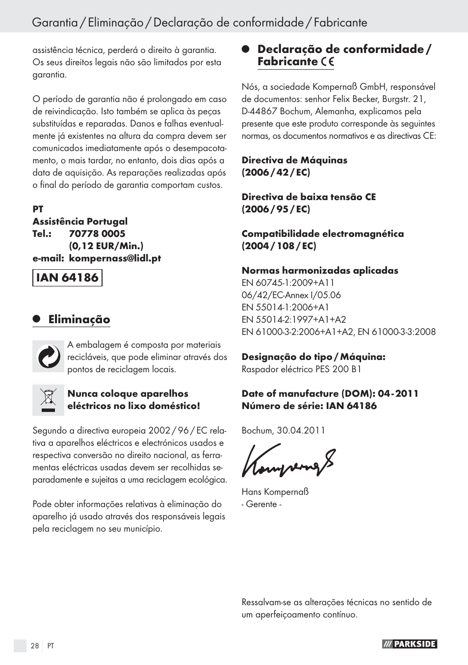 Eliminação, Declaração de conformidade / fabricante | Parkside PES 200 B1 User Manual | Page 28 / 45