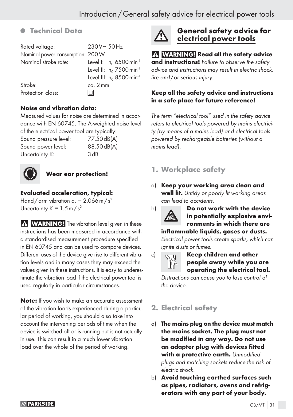 Technical data, General safety advice for electrical power tools, Workplace safety | Electrical safety | Parkside PES 200 B1 User Manual | Page 31 / 45