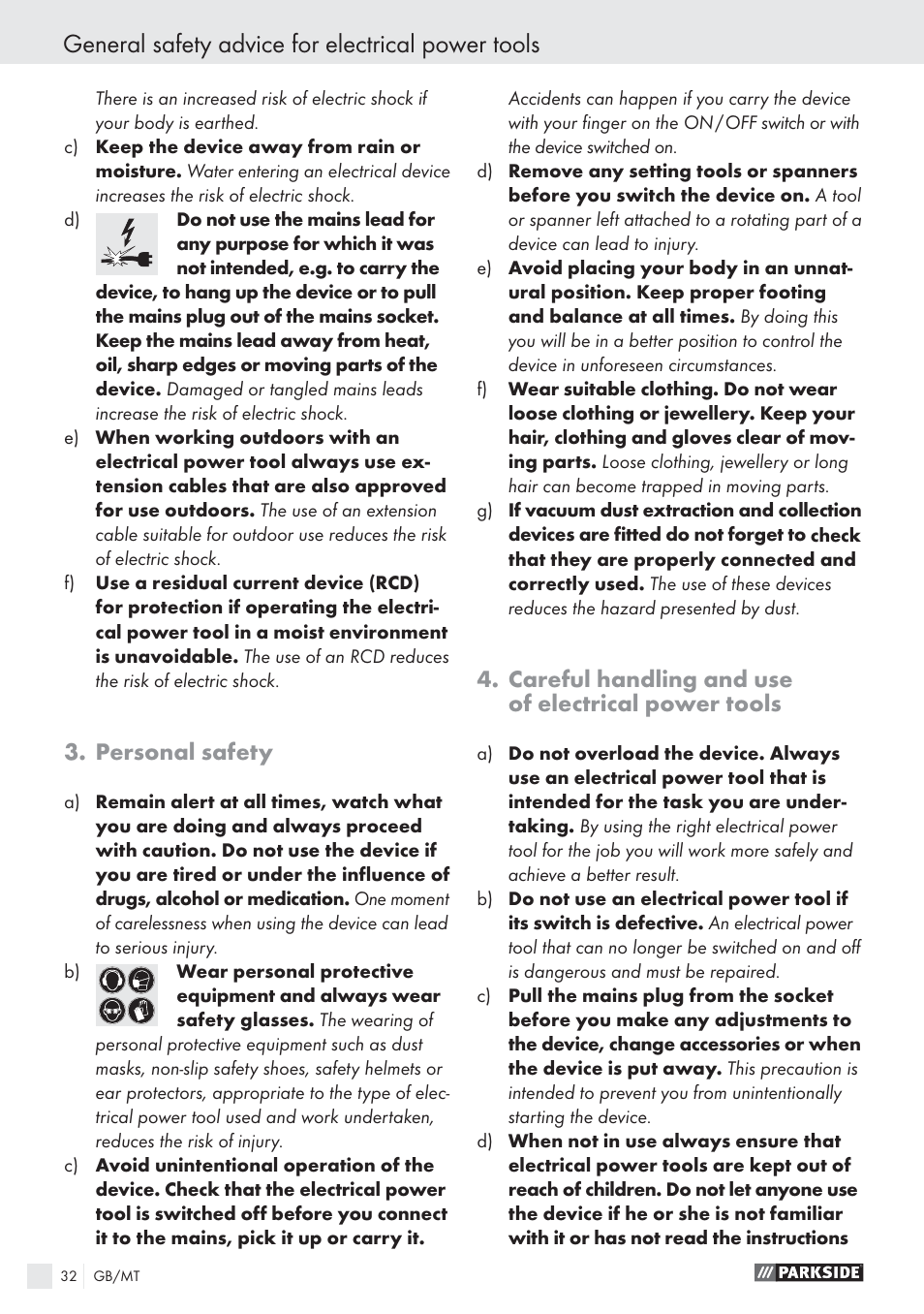 General safety advice for electrical power tools, Personal safety, Careful handling and use of electrical power tools | Parkside PES 200 B1 User Manual | Page 32 / 45