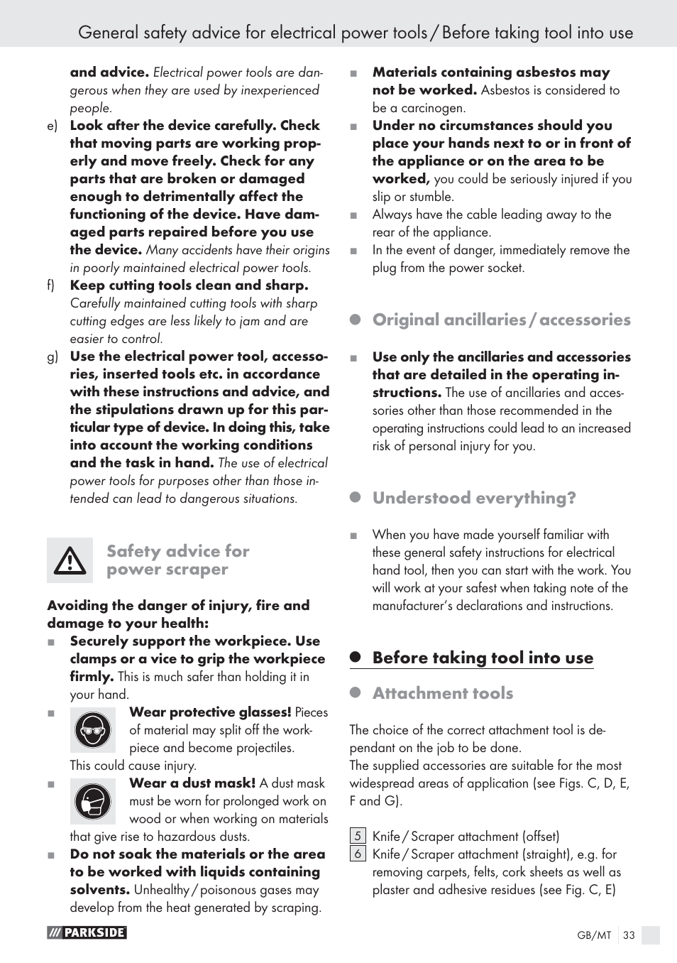 Safety advice for power scraper, Original ancillaries / accessories, Understood everything | Before taking tool into use, Attachment tools | Parkside PES 200 B1 User Manual | Page 33 / 45