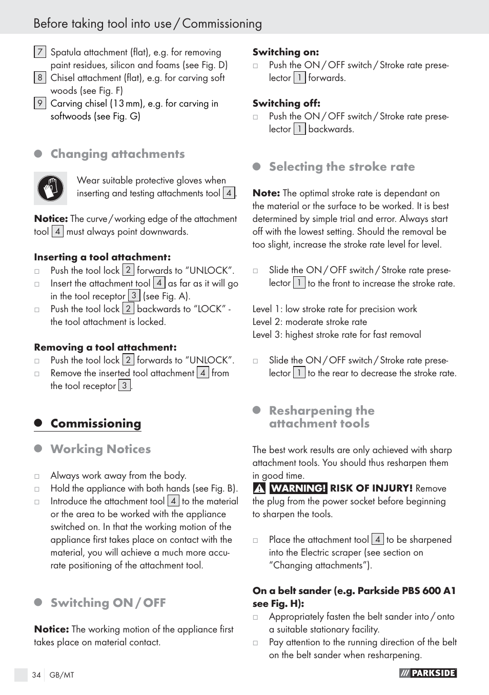 Before taking tool into use / commissioning, Changing attachments, Commissioning | Working notices, Switching on / off, Selecting the stroke rate, Resharpening the attachment tools | Parkside PES 200 B1 User Manual | Page 34 / 45