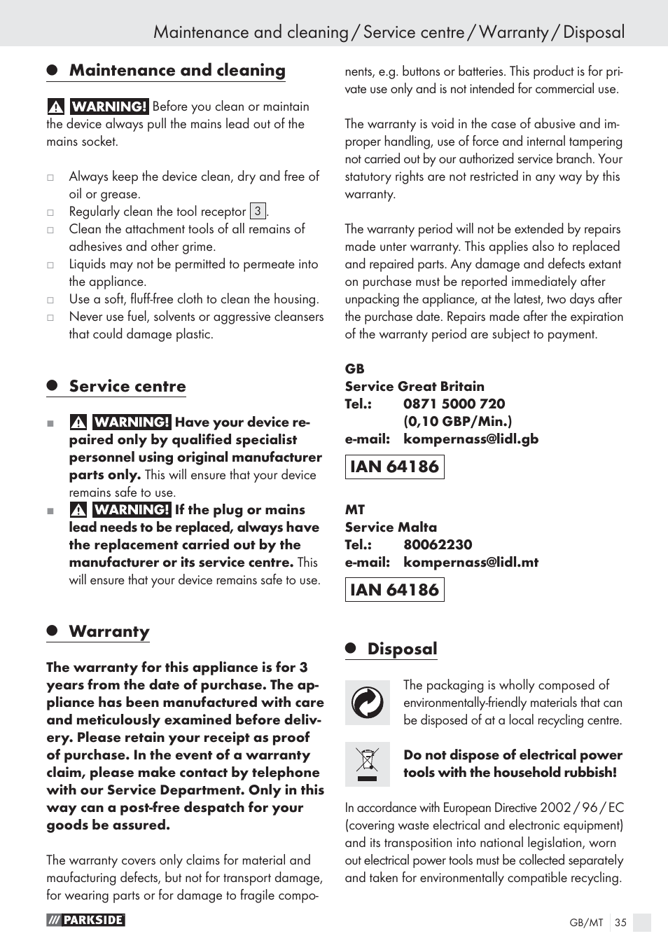 Maintenance and cleaning, Service centre, Warranty | Disposal | Parkside PES 200 B1 User Manual | Page 35 / 45