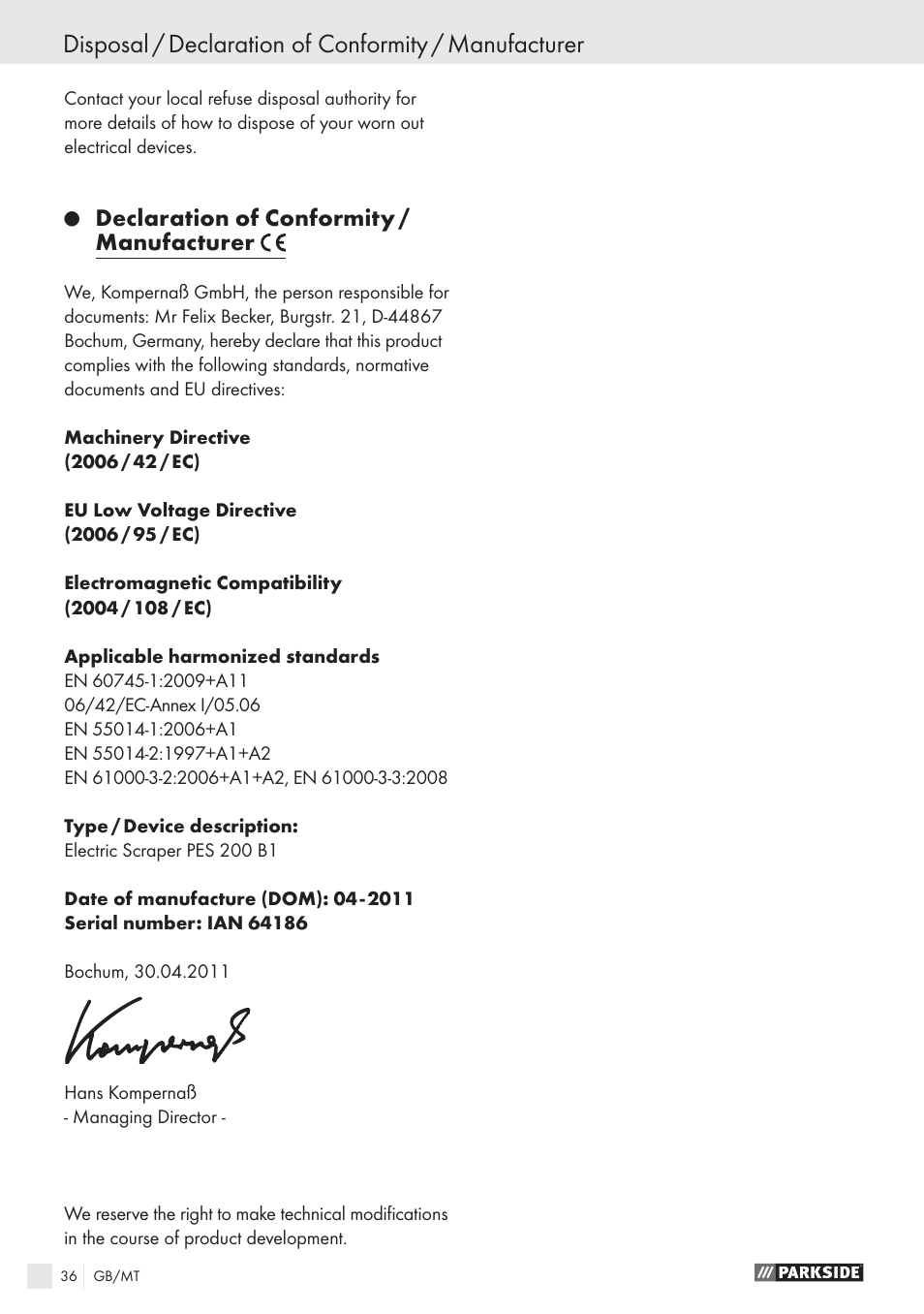 Declaration of conformity / manufacturer | Parkside PES 200 B1 User Manual | Page 36 / 45