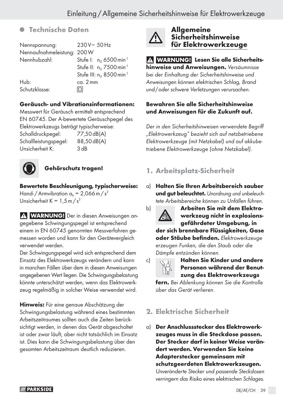 Technische daten, Arbeitsplatz-sicherheit, Elektrische sicherheit | Parkside PES 200 B1 User Manual | Page 39 / 45