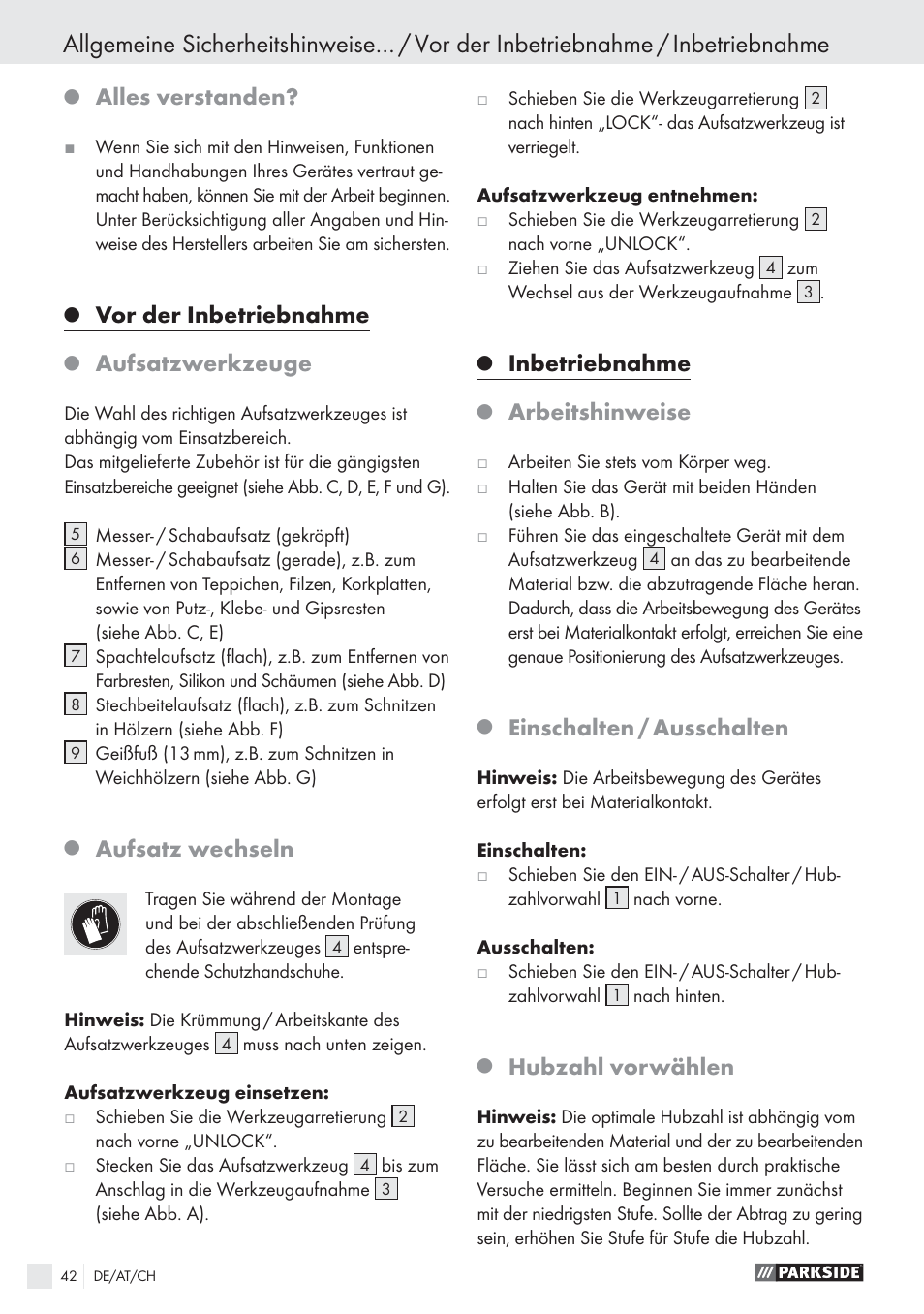 Alles verstanden, Vor der inbetriebnahme, Aufsatzwerkzeuge | Aufsatz wechseln, Inbetriebnahme, Arbeitshinweise, Einschalten / ausschalten, Hubzahl vorwählen | Parkside PES 200 B1 User Manual | Page 42 / 45