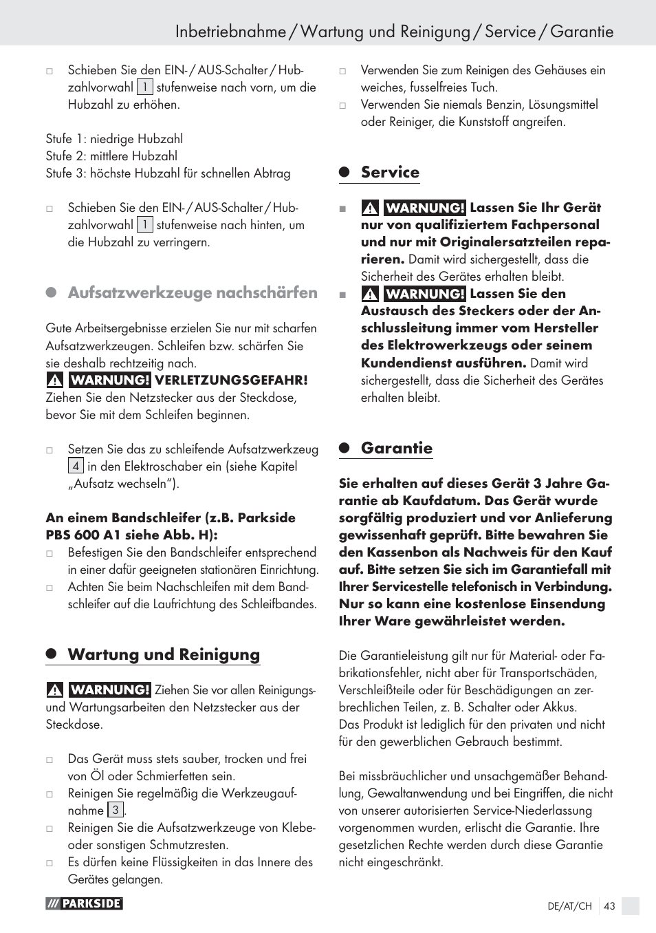 Aufsatzwerkzeuge nachschärfen, Wartung und reinigung, Service | Garantie | Parkside PES 200 B1 User Manual | Page 43 / 45