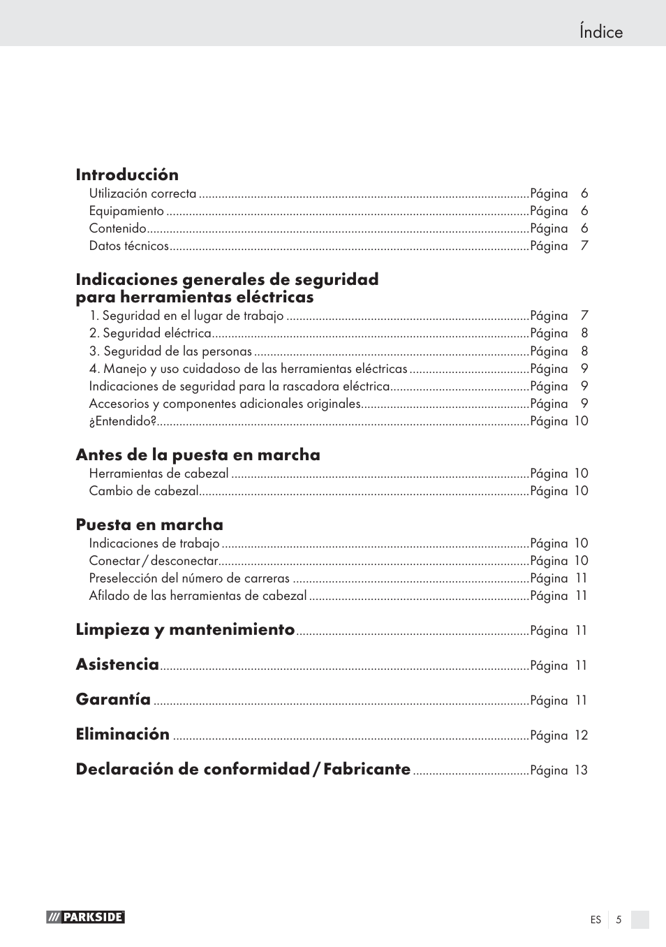 Índice | Parkside PES 200 B1 User Manual | Page 5 / 45