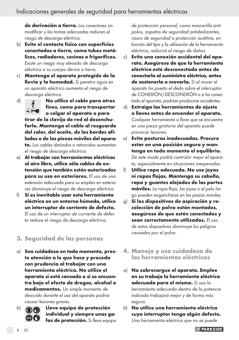 Seguridad de las personas | Parkside PES 200 B1 User Manual | Page 8 / 45