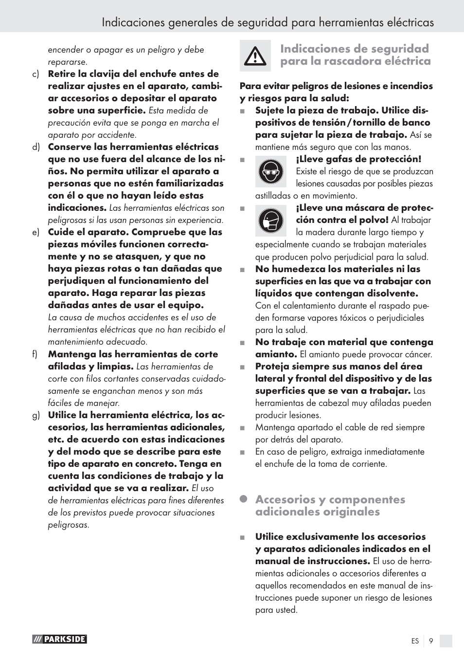 Accesorios y componentes adicionales originales | Parkside PES 200 B1 User Manual | Page 9 / 45