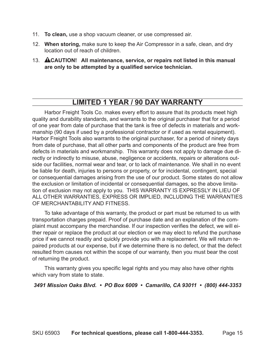 Limited 1 year / 90 day warranty | Harbor Freight Tools Model 65903 User Manual | Page 15 / 17