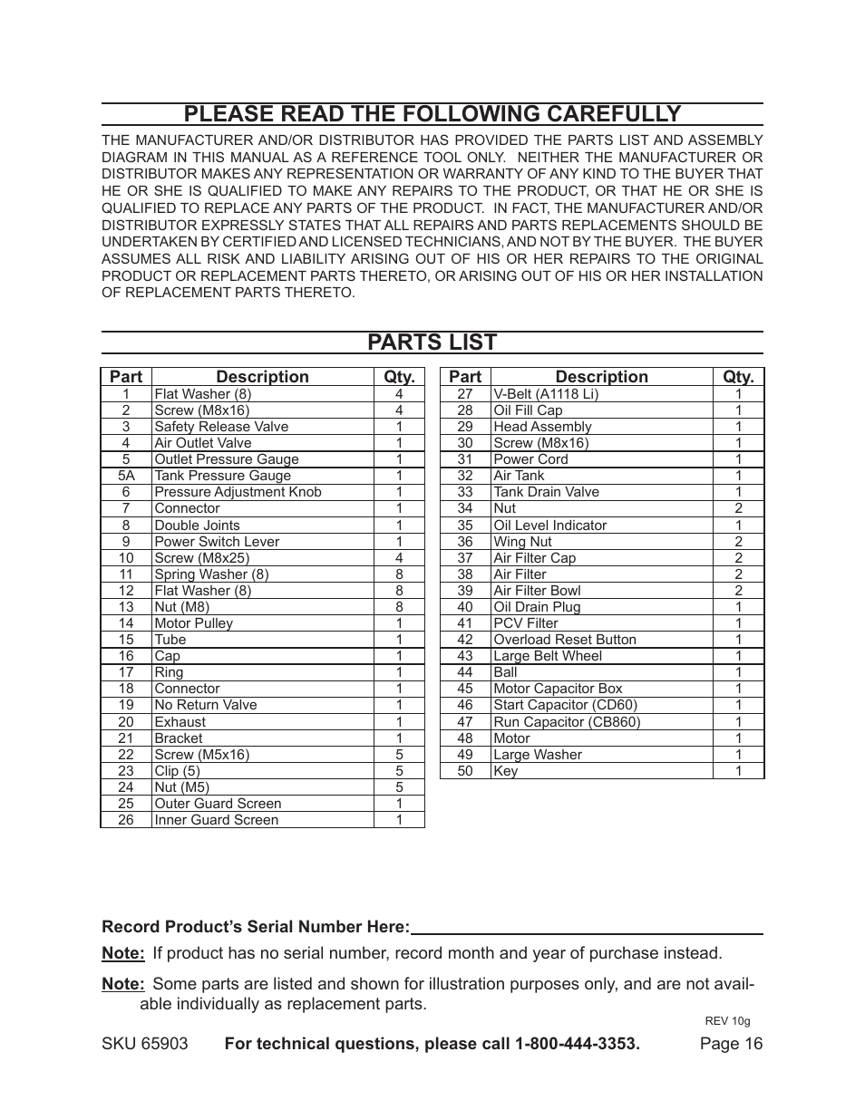 Please read the following carefully, Parts list | Harbor Freight Tools Model 65903 User Manual | Page 16 / 17