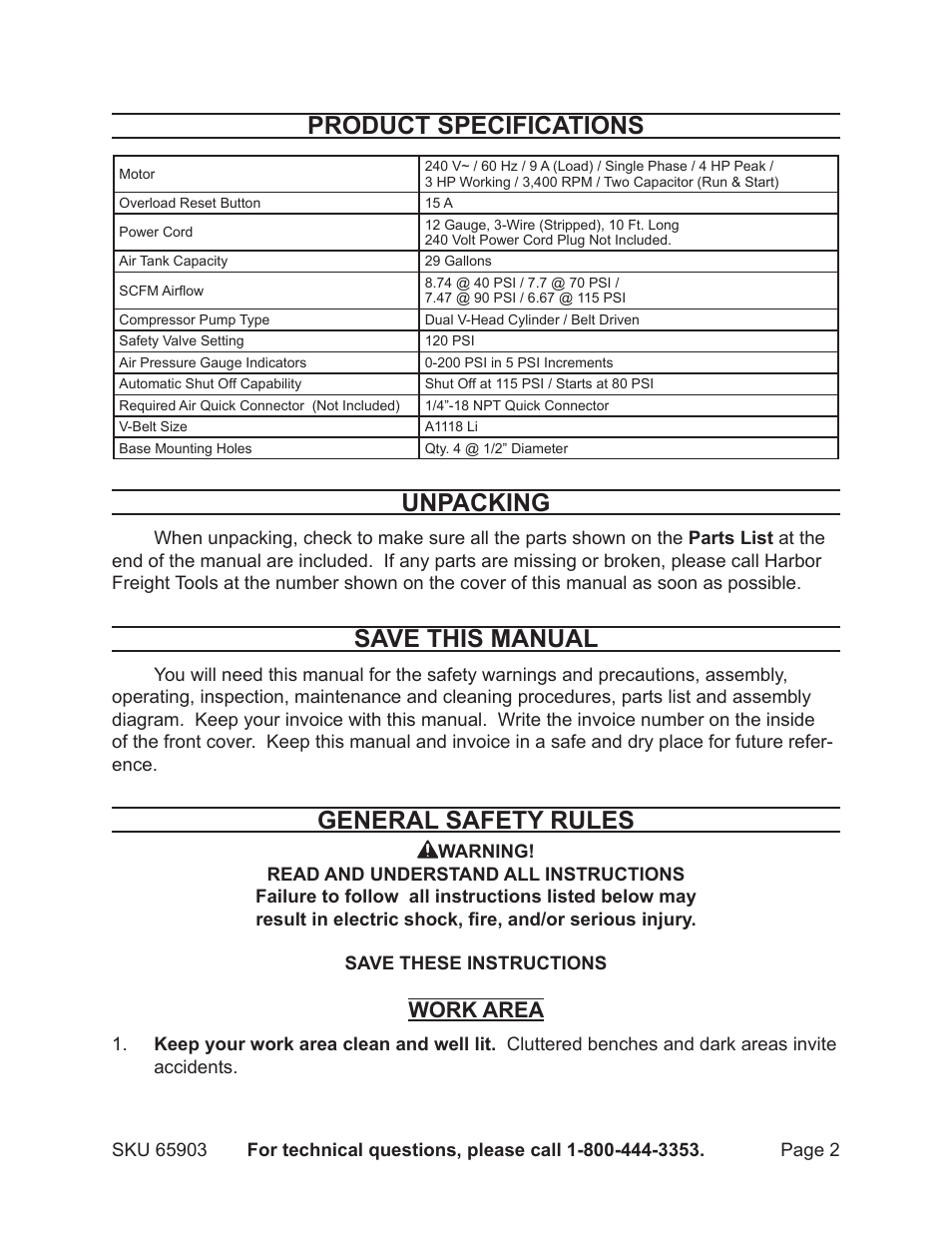 Product specifications, Unpacking, Save this manual | General safety rules, Work area | Harbor Freight Tools Model 65903 User Manual | Page 2 / 17