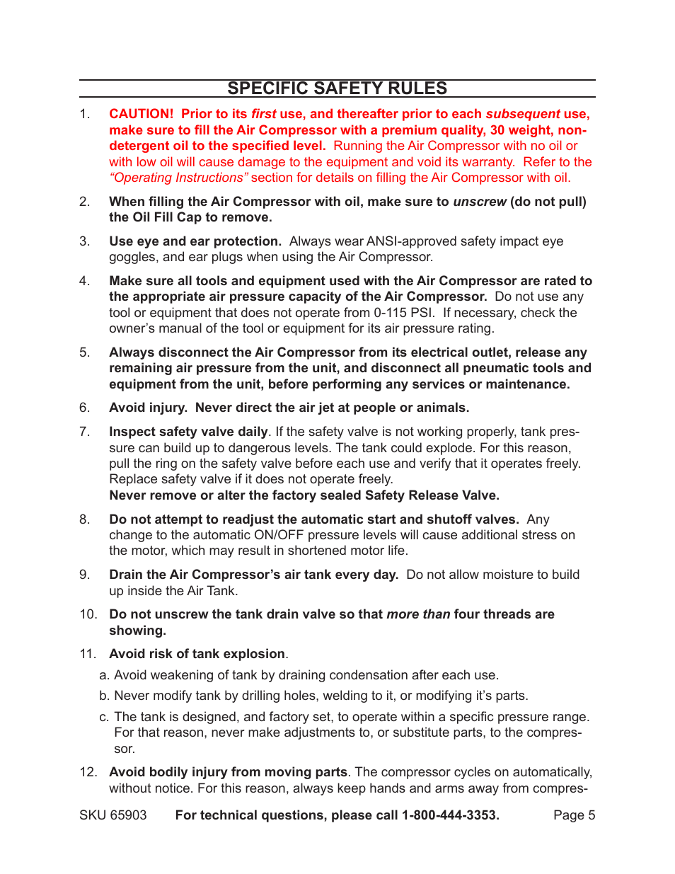 Specific safety rules | Harbor Freight Tools Model 65903 User Manual | Page 5 / 17