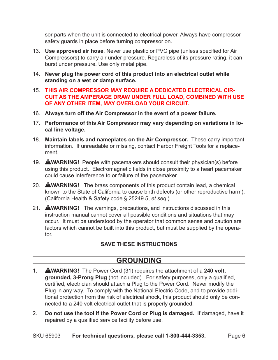 Grounding | Harbor Freight Tools Model 65903 User Manual | Page 6 / 17