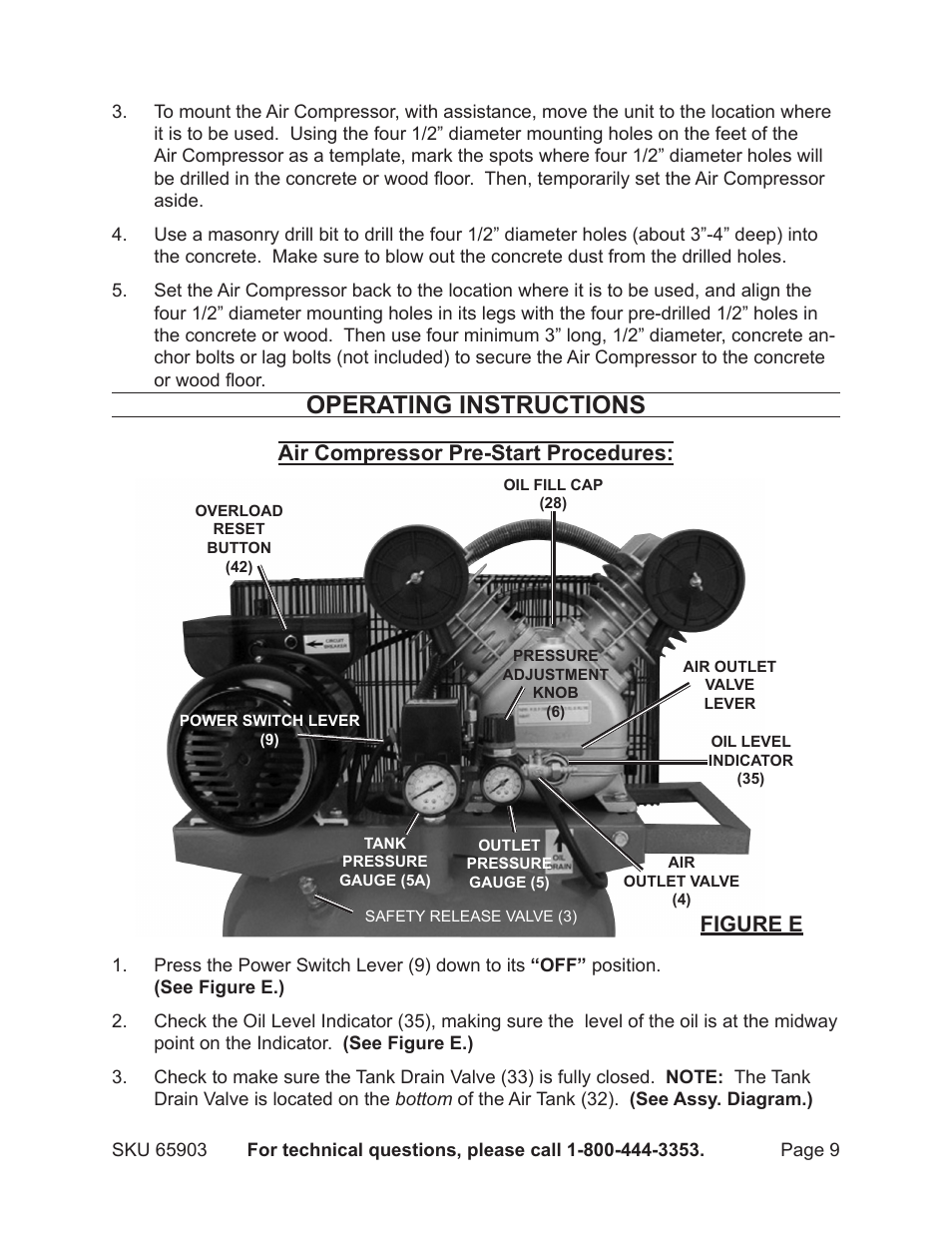 Operating instructions, Air compressor pre-start procedures, Figure e | Harbor Freight Tools Model 65903 User Manual | Page 9 / 17