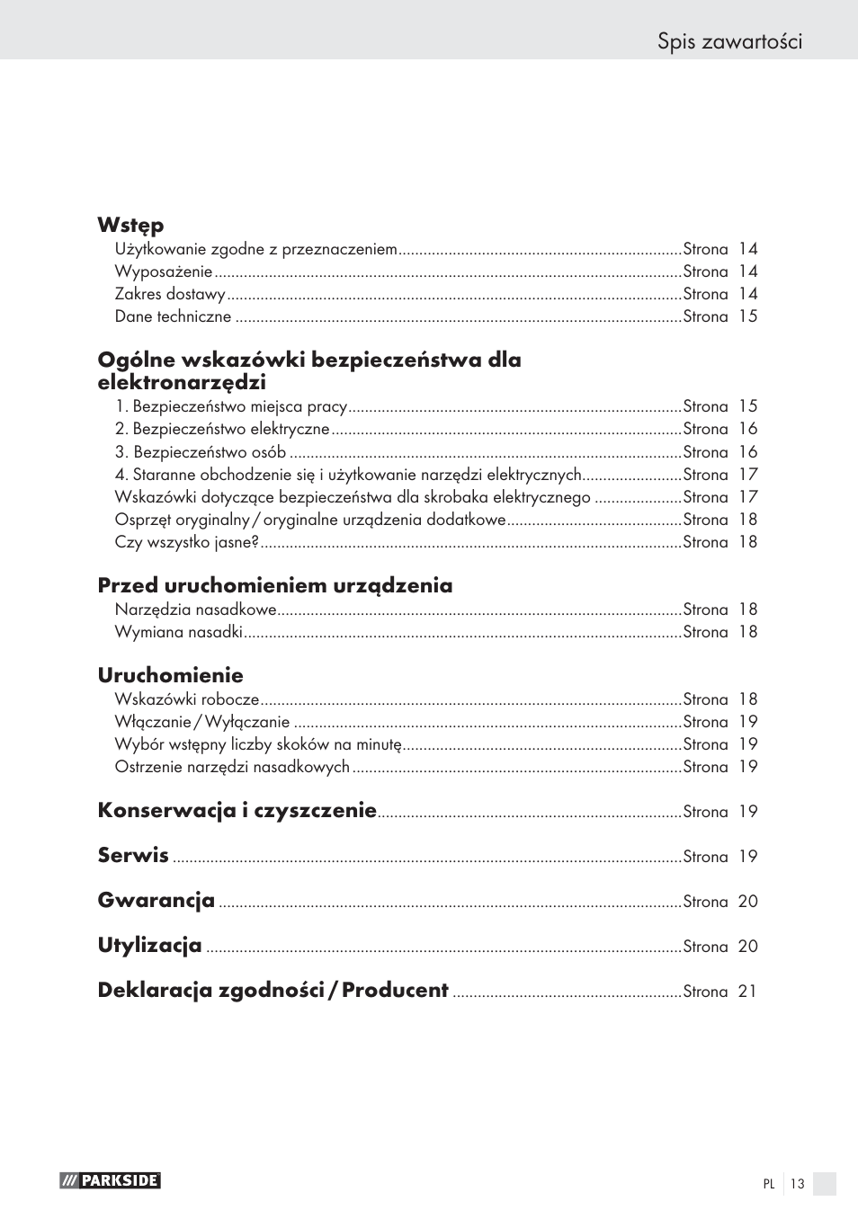 Spis zawartości | Parkside PES 200 B1 User Manual | Page 13 / 65