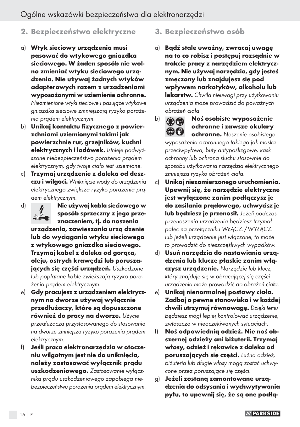 Bezpieczeństwo elektryczne, Bezpieczeństwo osób | Parkside PES 200 B1 User Manual | Page 16 / 65