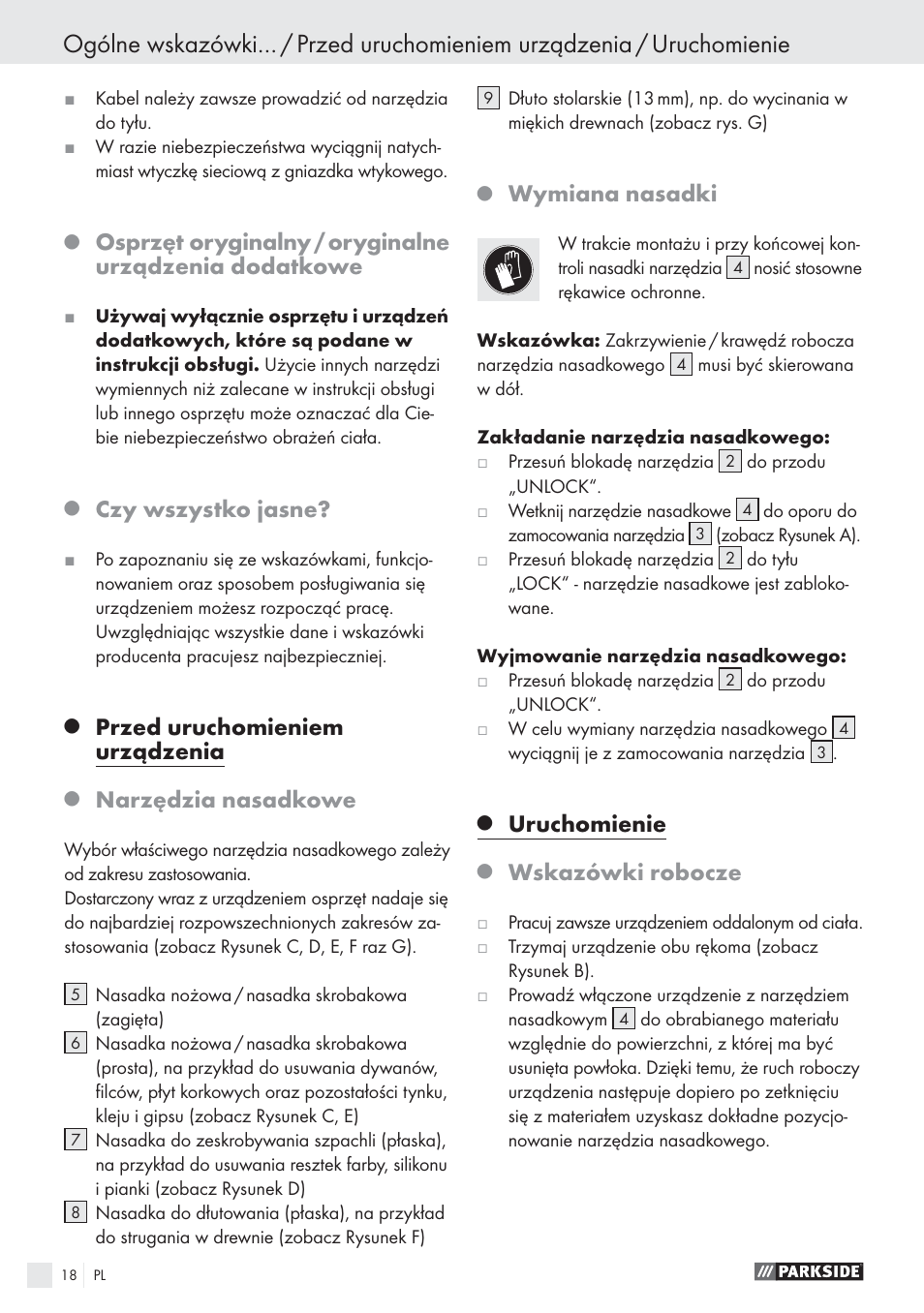 Czy wszystko jasne, Przed uruchomieniem urządzenia, Narzędzia nasadkowe | Wymiana nasadki, Uruchomienie, Wskazówki robocze | Parkside PES 200 B1 User Manual | Page 18 / 65