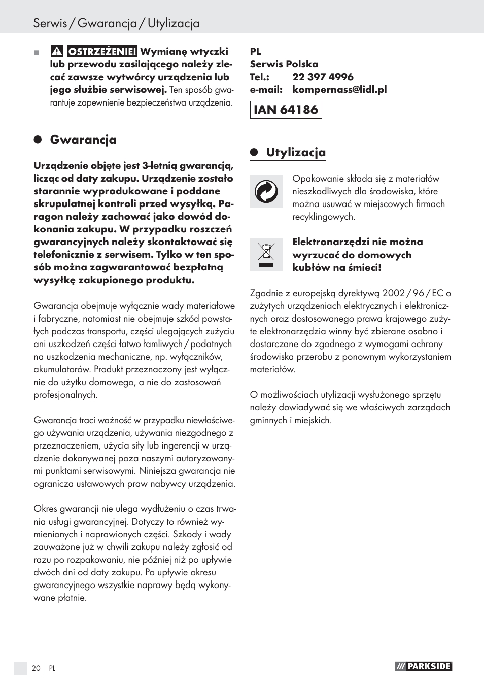 Serwis / gwarancja / utylizacja, Gwarancja, Utylizacja | Parkside PES 200 B1 User Manual | Page 20 / 65