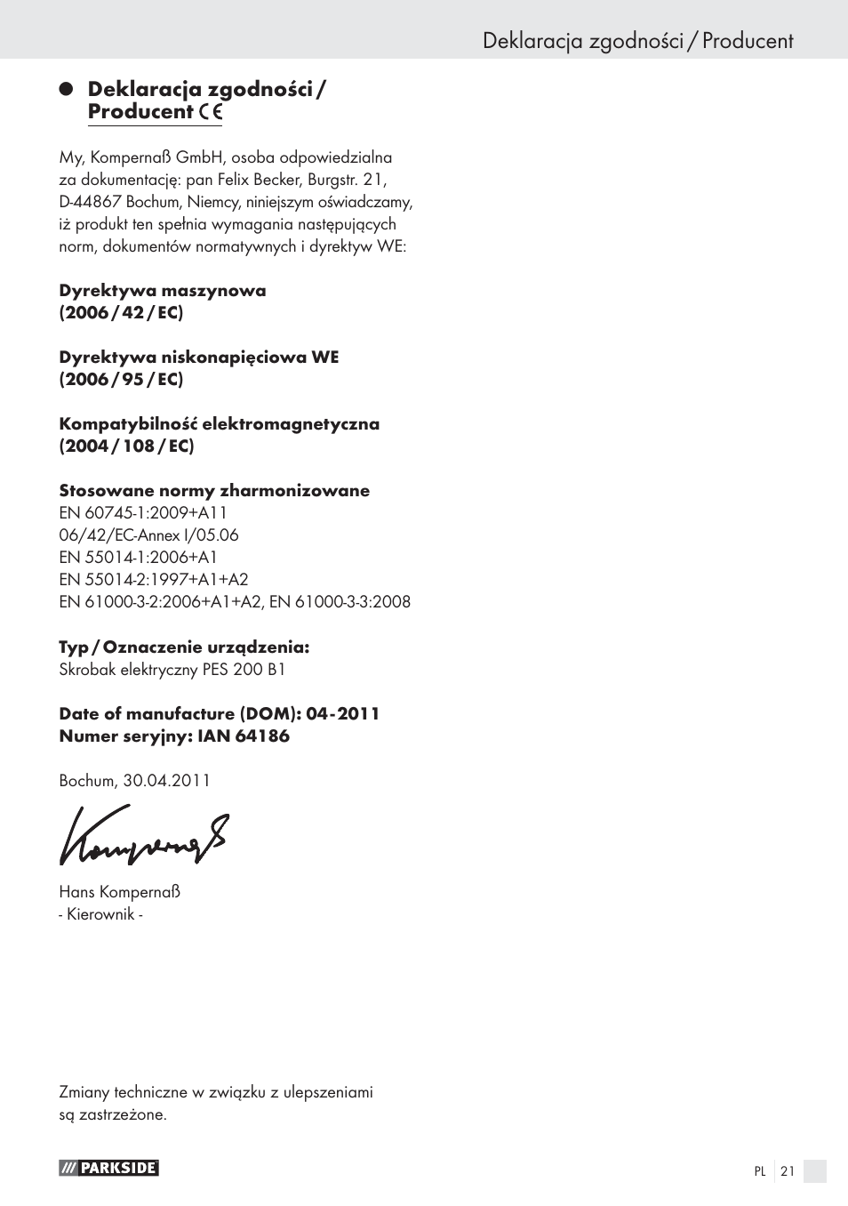 Deklaracja zgodności / producent | Parkside PES 200 B1 User Manual | Page 21 / 65