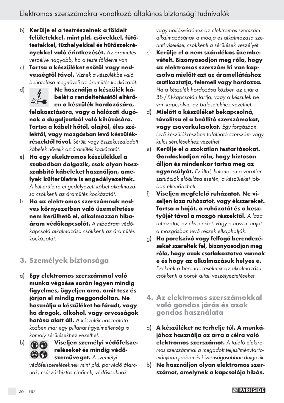 Személyek biztonsága | Parkside PES 200 B1 User Manual | Page 26 / 65