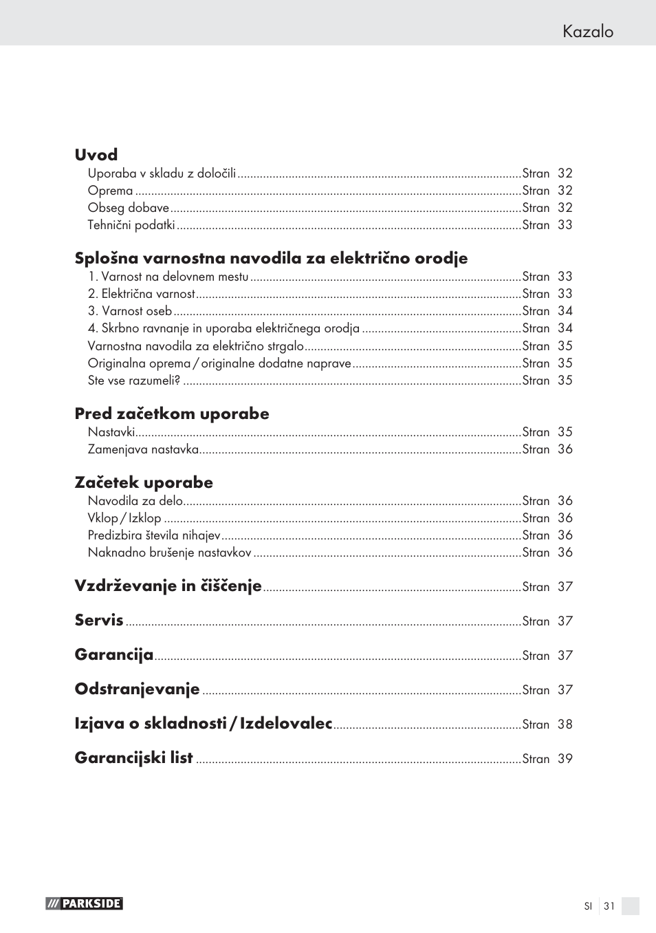 Kazalo | Parkside PES 200 B1 User Manual | Page 31 / 65