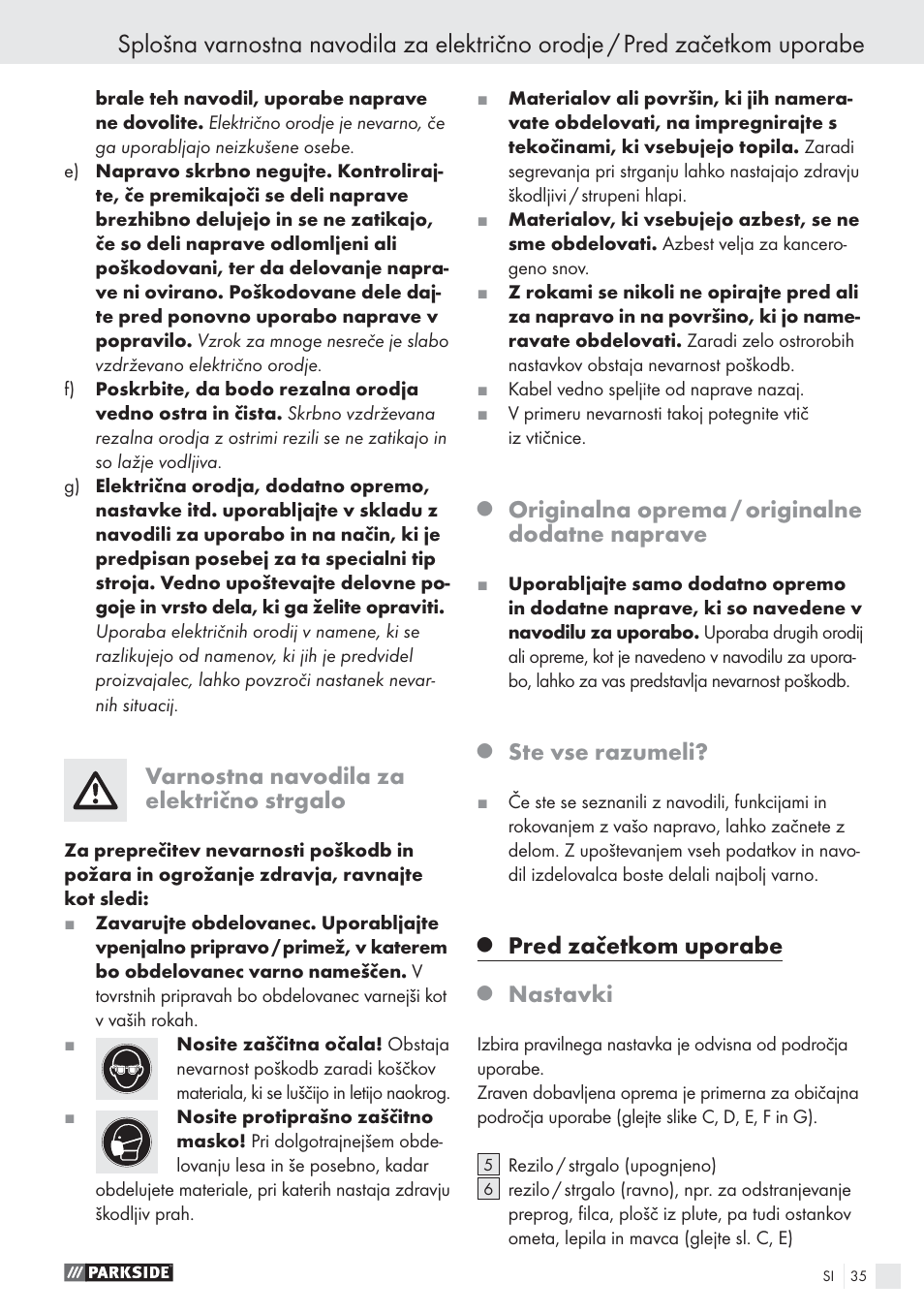 Varnostna navodila za električno strgalo, Originalna oprema / originalne dodatne naprave, Ste vse razumeli | Pred začetkom uporabe, Nastavki | Parkside PES 200 B1 User Manual | Page 35 / 65
