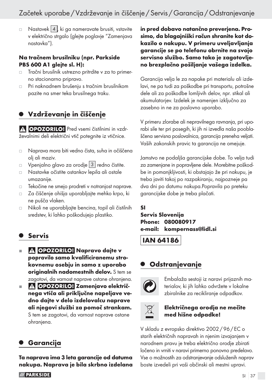 Vzdrževanje in čiščenje, Servis, Garancija | Odstranjevanje | Parkside PES 200 B1 User Manual | Page 37 / 65