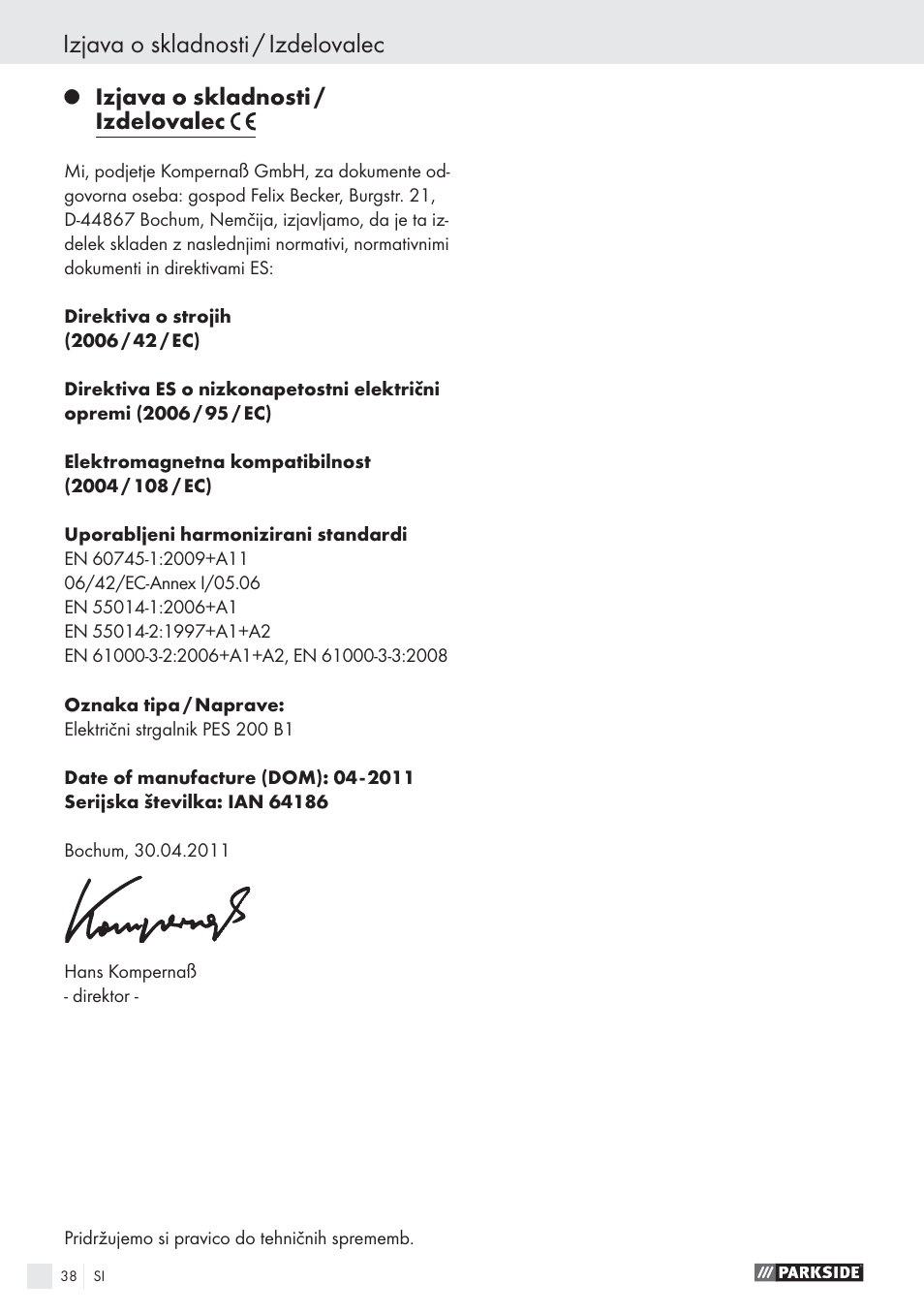 Izjava o skladnosti / izdelovalec | Parkside PES 200 B1 User Manual | Page 38 / 65