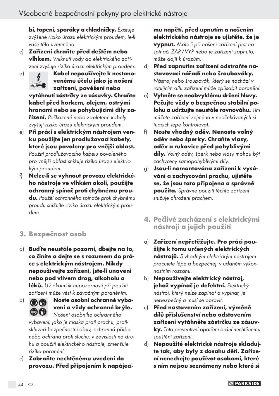 Bezpečnost osob | Parkside PES 200 B1 User Manual | Page 44 / 65
