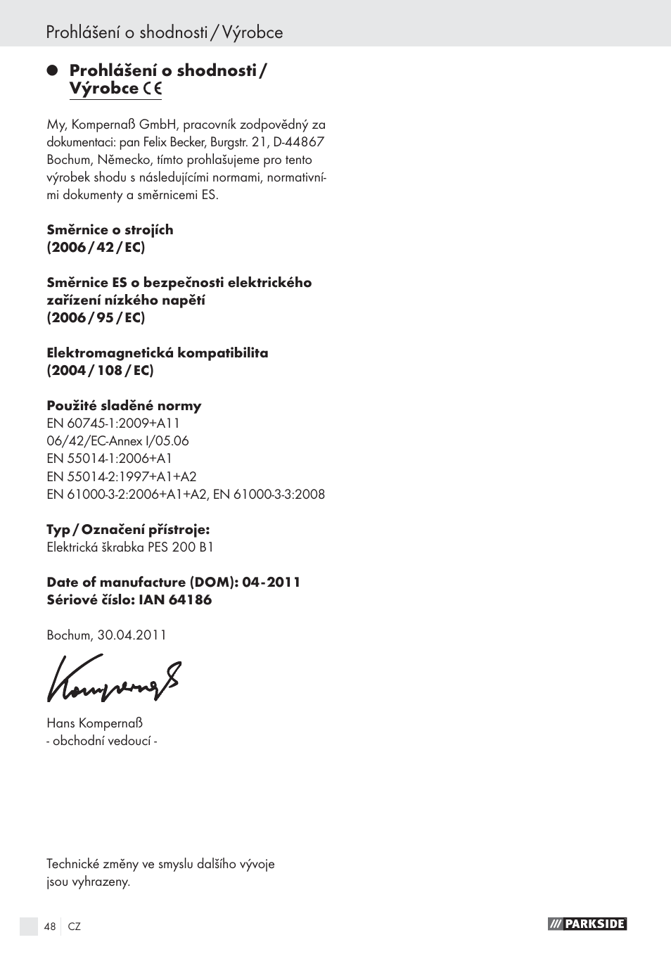 Prohlášení o shodnosti / výrobce | Parkside PES 200 B1 User Manual | Page 48 / 65