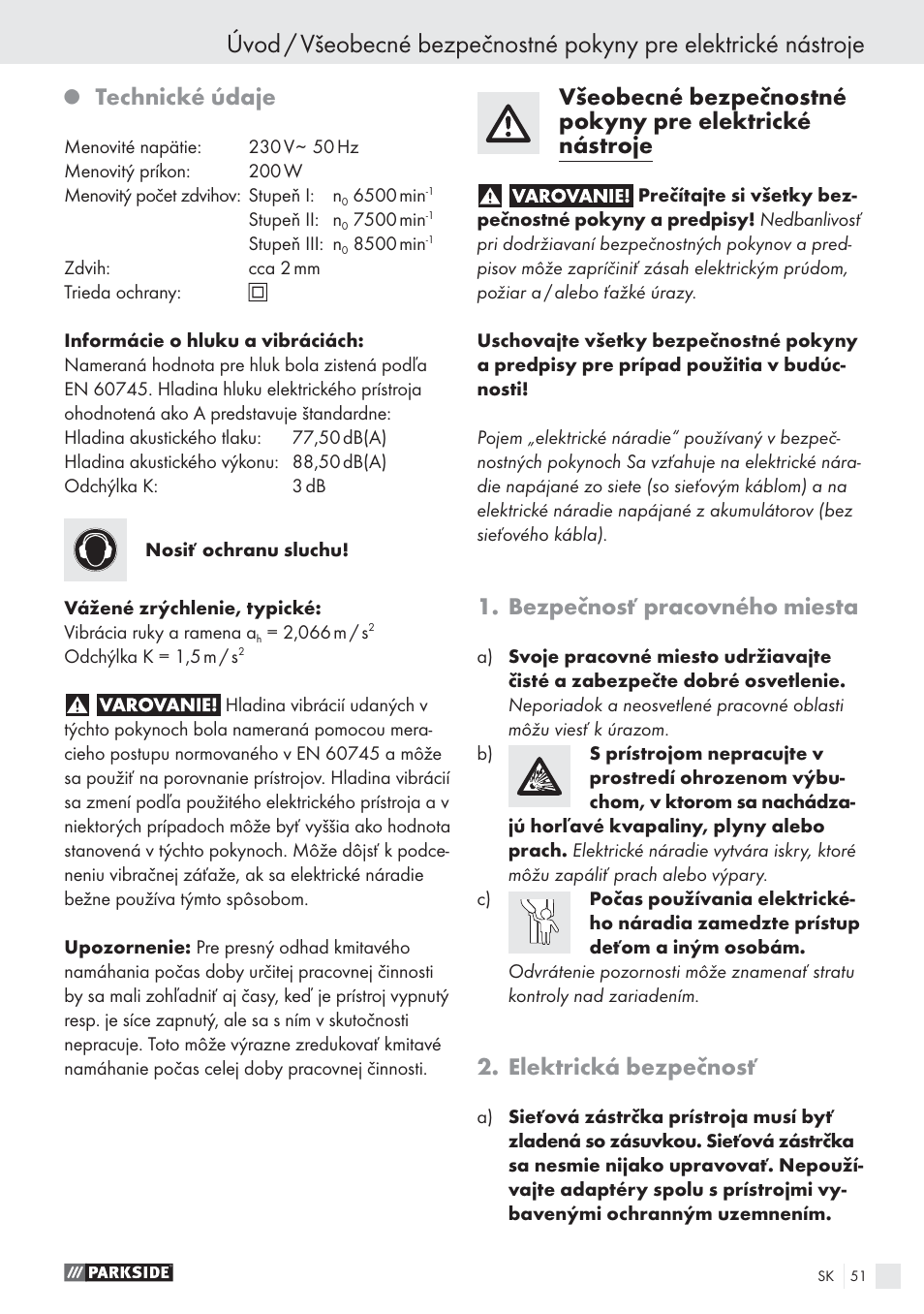 Technické údaje, Bezpečnosť pracovného miesta, Elektrická bezpečnosť | Parkside PES 200 B1 User Manual | Page 51 / 65