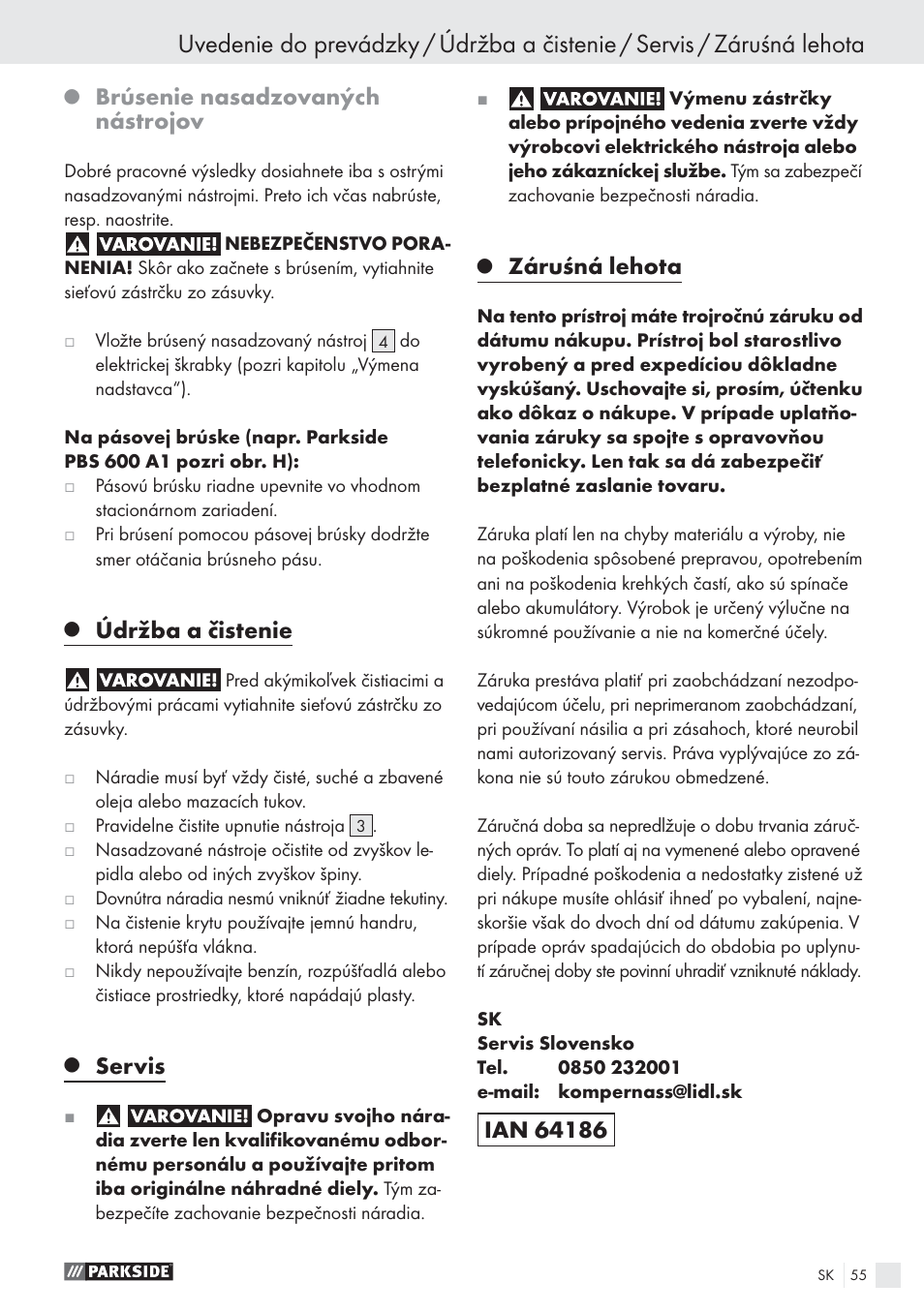 Brúsenie nasadzovaných nástrojov, Údržba a čistenie, Servis | Záruśná lehota | Parkside PES 200 B1 User Manual | Page 55 / 65